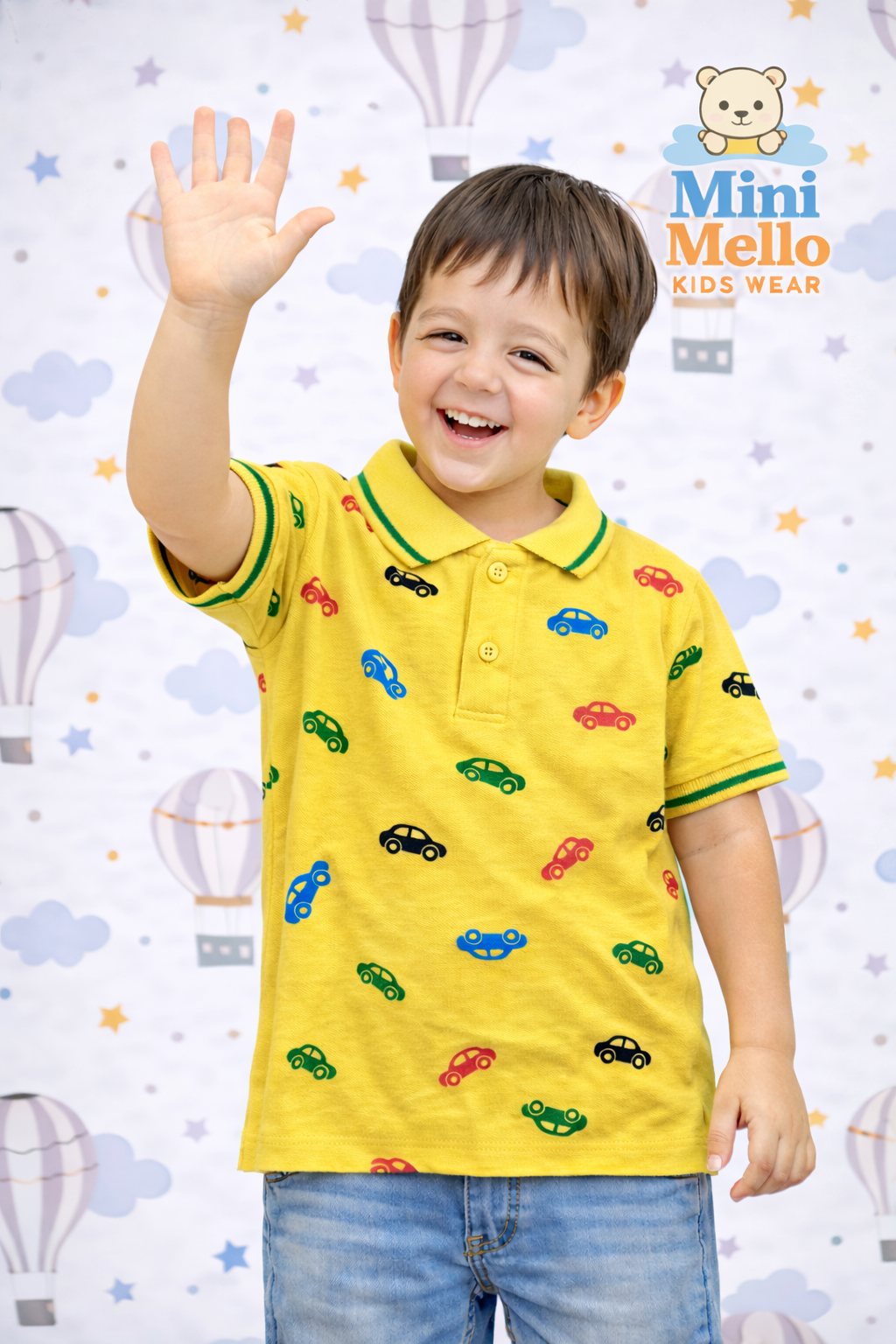 Little Cars Yellow Polo T-Shirt for Kids