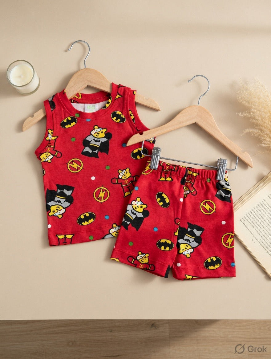 Mini Klub Batman Print Sleeveless Top & Shorts Set – Soft Cotton Summer Co-ord (Red)