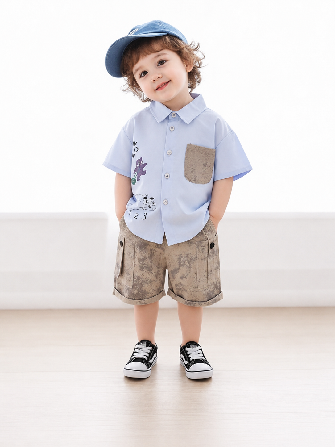 Boys Sky Blue Shirt & Cargo Shorts Set