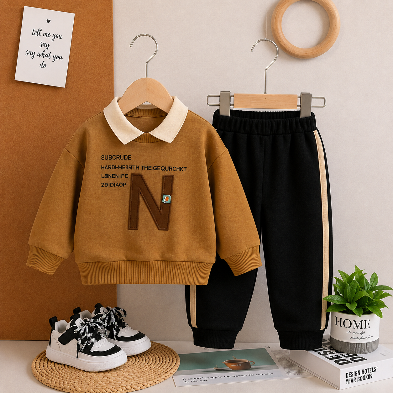 Camel Kids Sweatshirt & Jogger Set with Collar