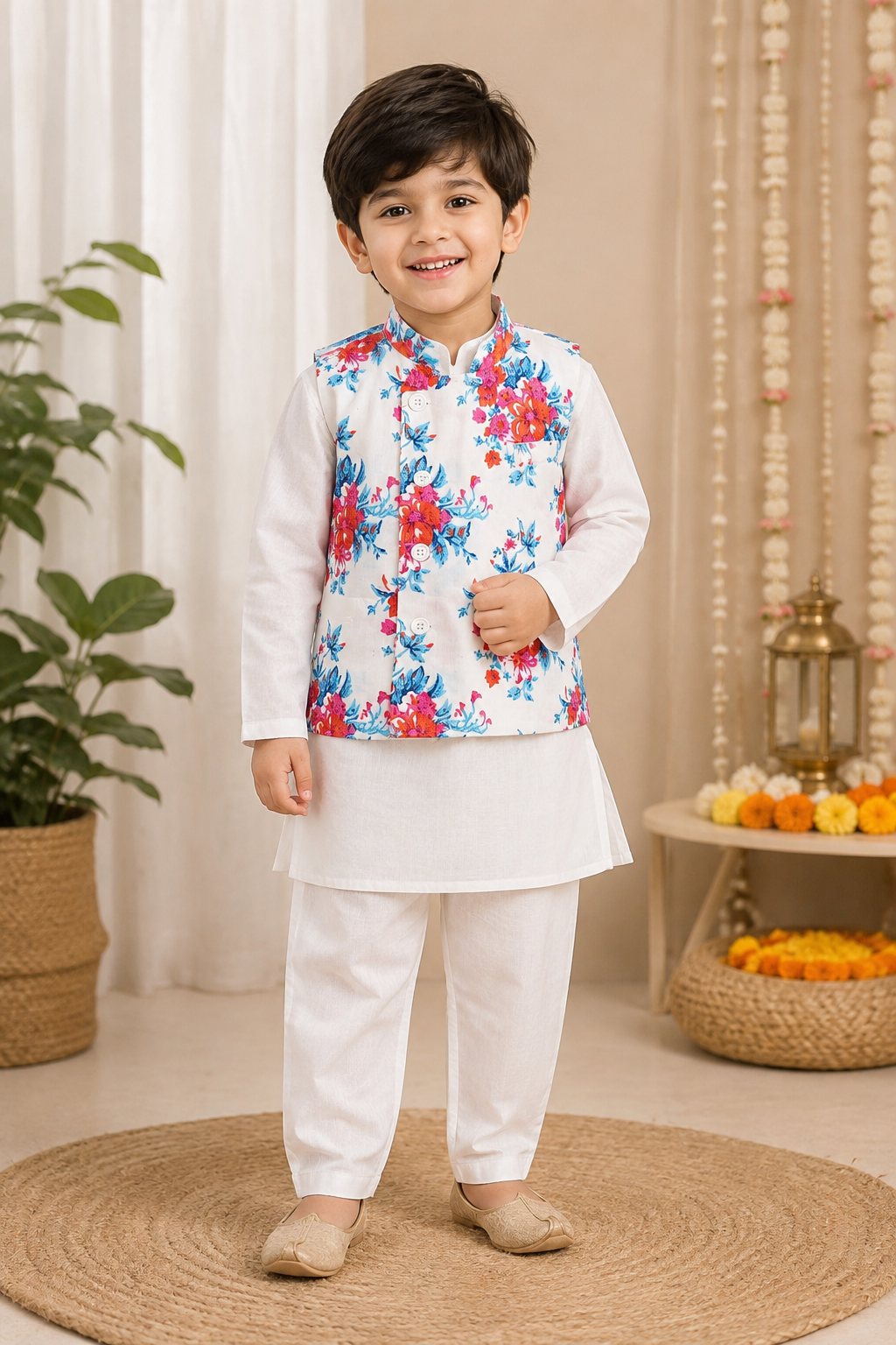 Floral Cotton Kurta Pajama Set with Printed Jacket