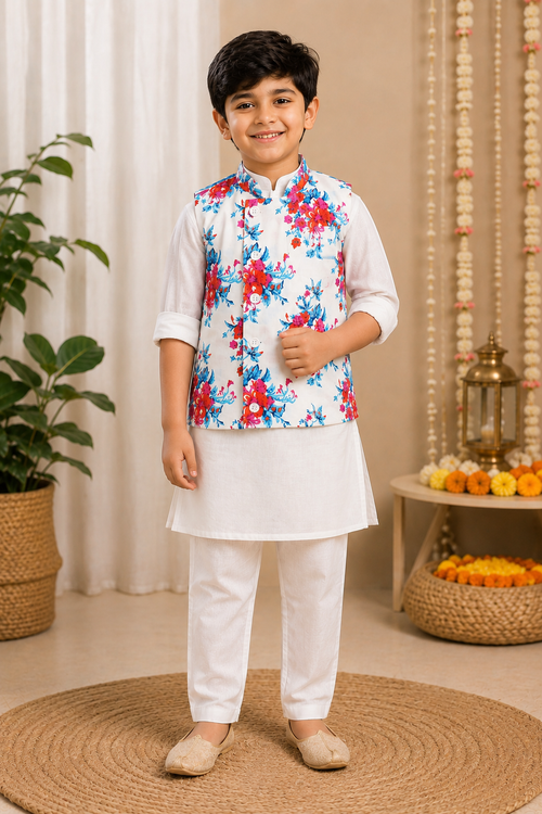 Floral Cotton Kurta Pajama Set with Printed Jacket
