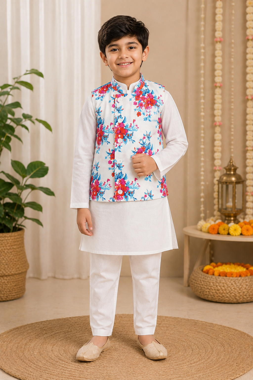 Floral Cotton Kurta Pajama Set with Printed Jacket