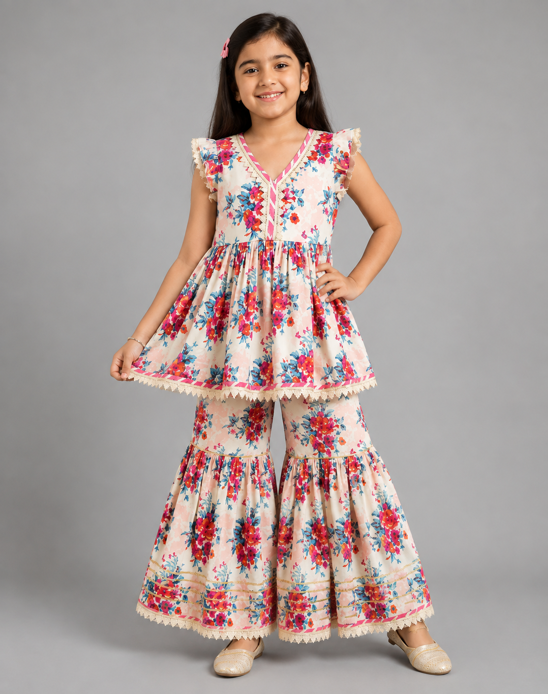 Floral Printed Girls Kurti Sharara Set