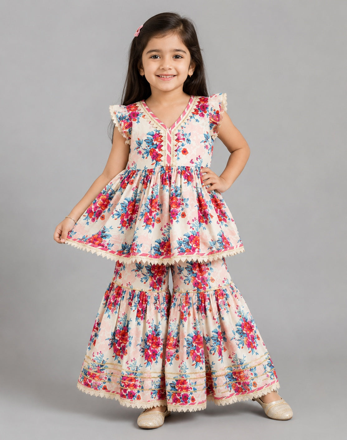 Floral Printed Girls Kurti Sharara Set