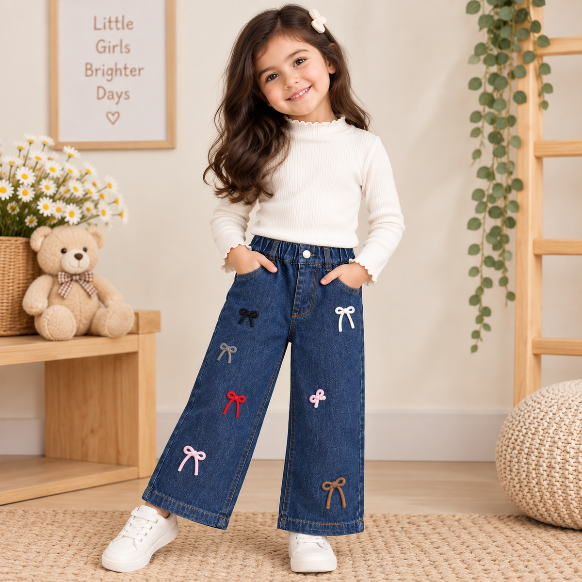 Bow Detail Wide-Leg Denim Jeans
