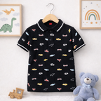 Adventure Print Black Polo T-Shirt for Kids