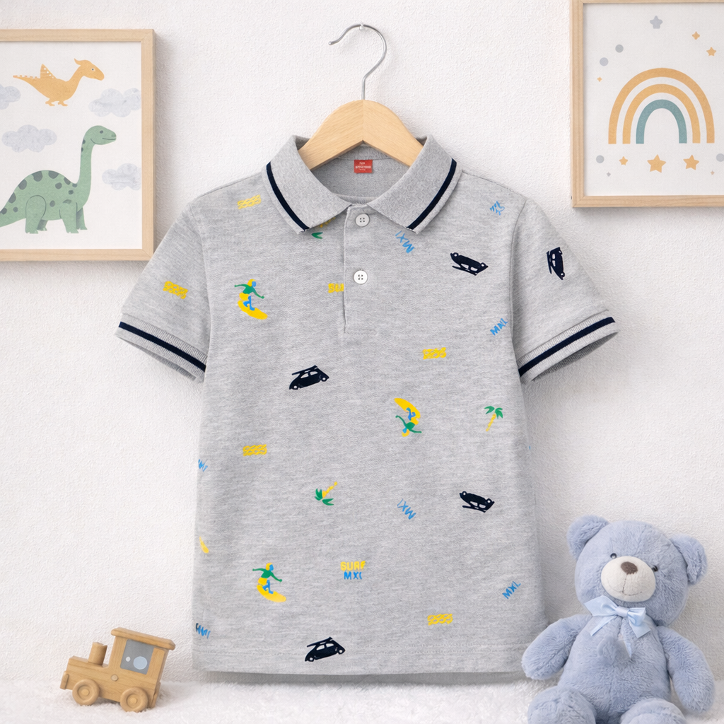 Surf & Ride Print Grey Polo T-Shirt for Kids