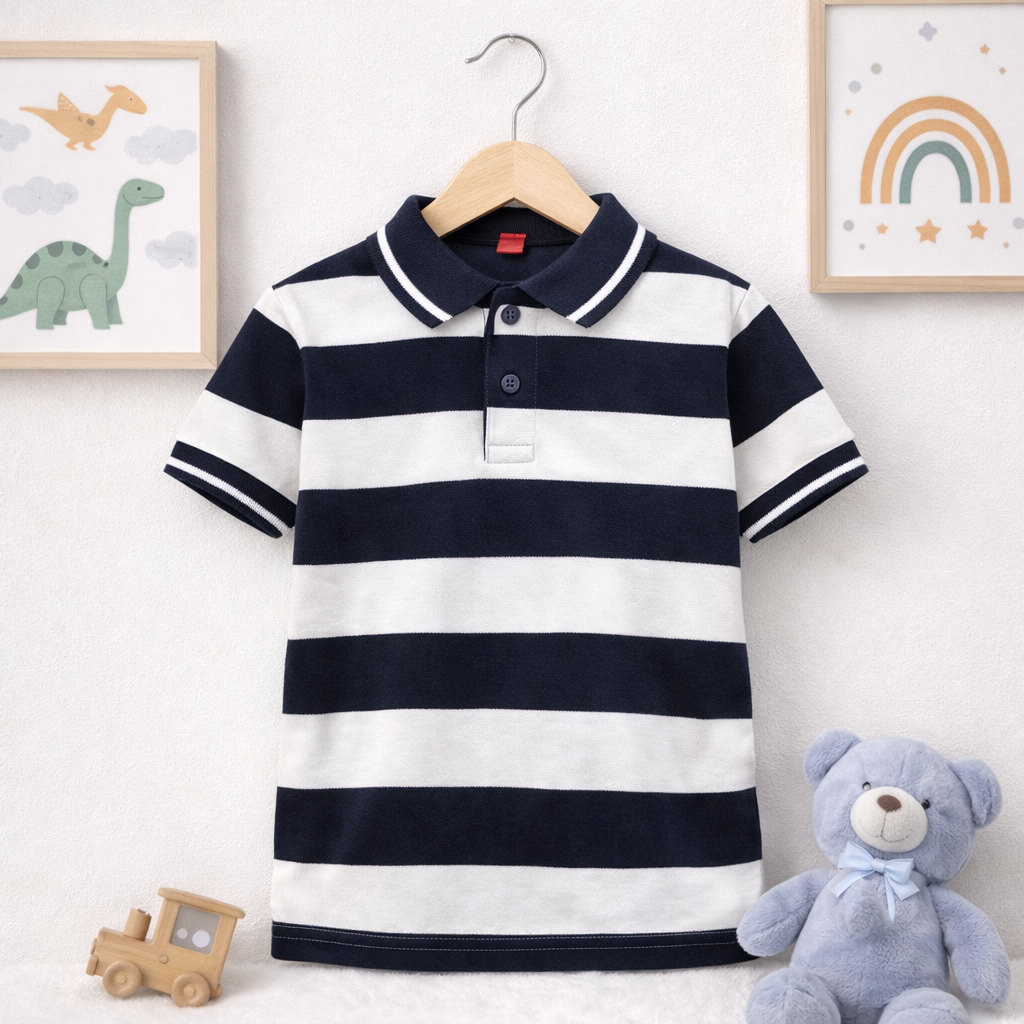 Classic Stripe Navy & White Polo T-Shirt for Kids
