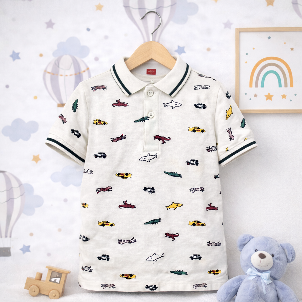 Adventure Print Off-White Polo T-Shirt for Kids