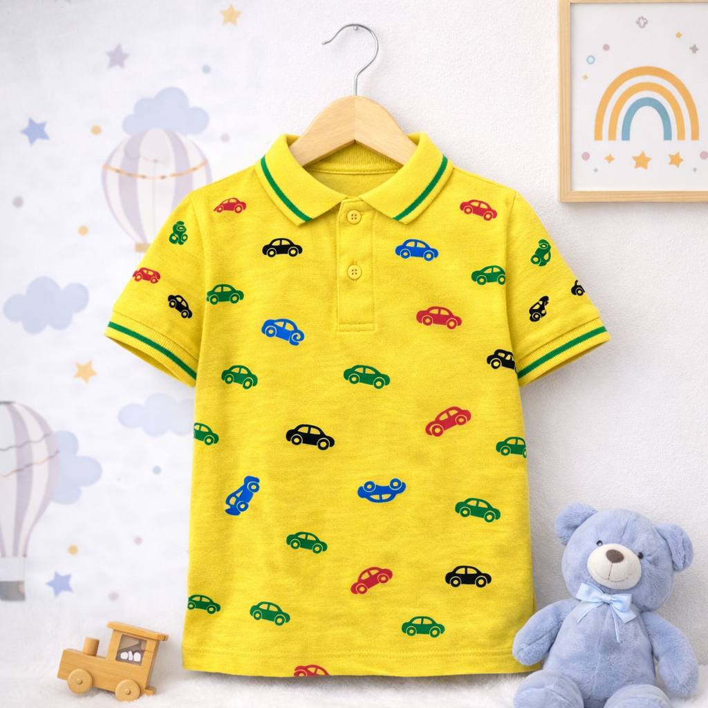 Little Cars Yellow Polo T-Shirt for Kids