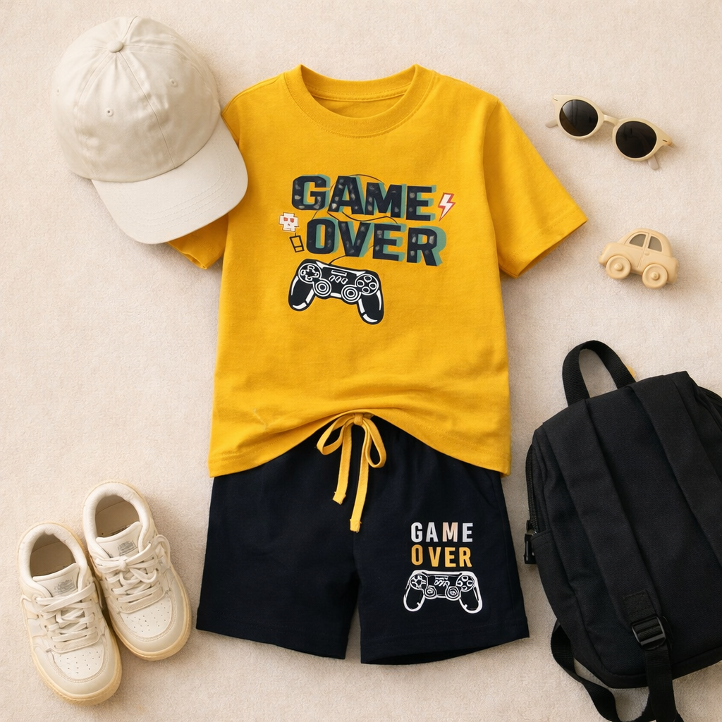Babyhug Mustard Yellow “Game Over” Printed Shorts Set