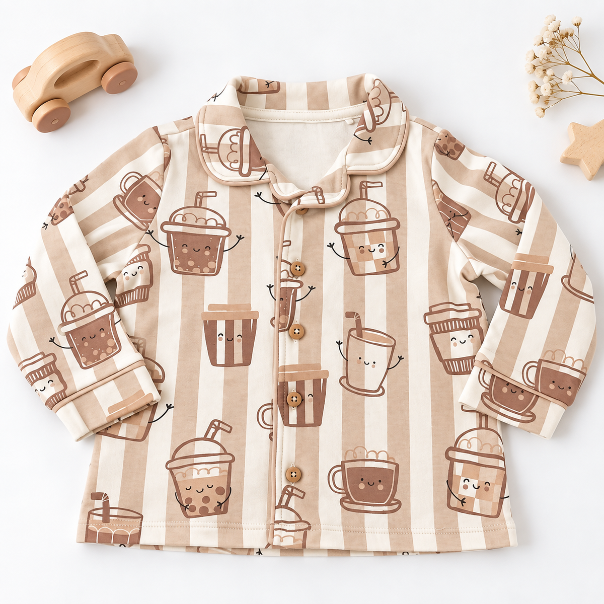 Beige Striped Coffee Print Full Sleeve T-Shirt