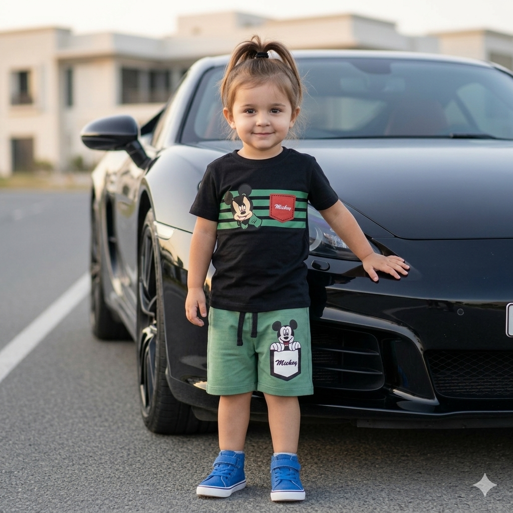 Babyhug Green Mickey Short Set