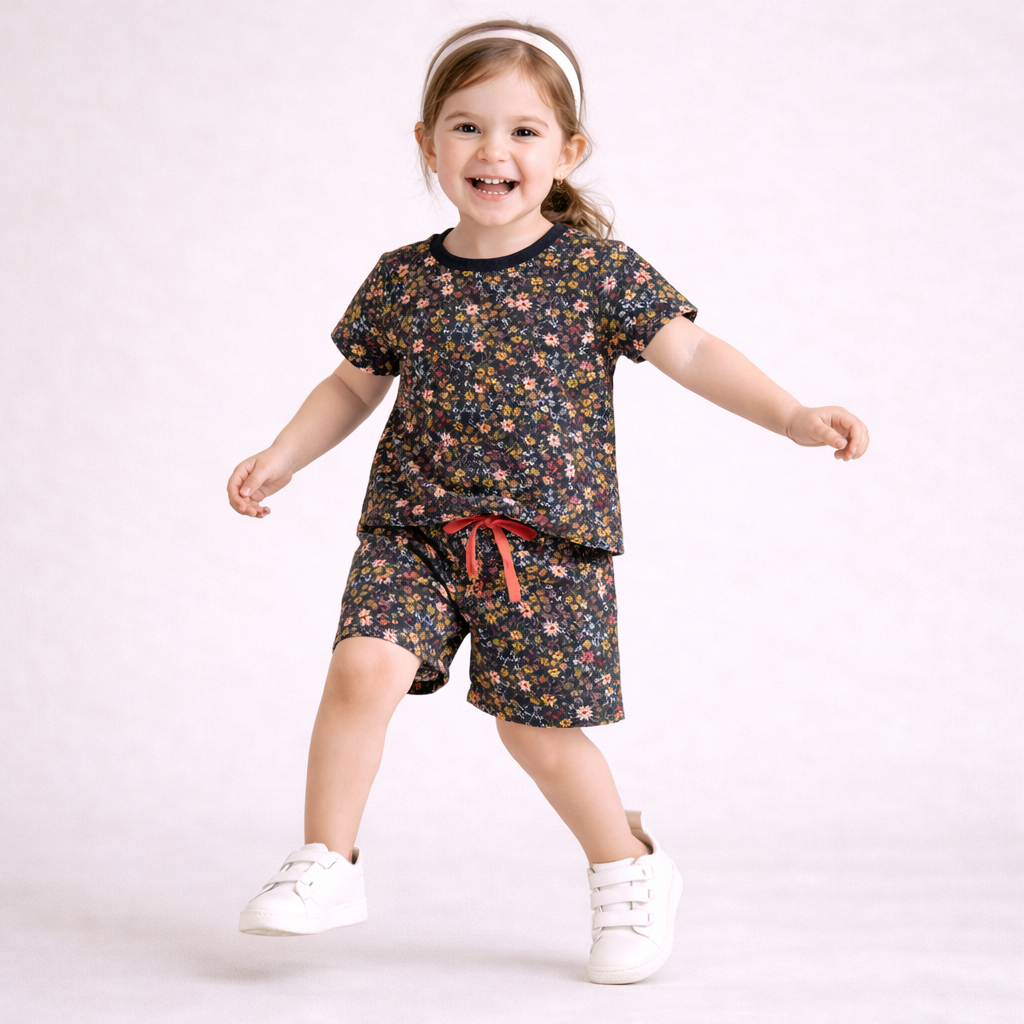 Midnight Bloom Floral Cotton Shorts Set