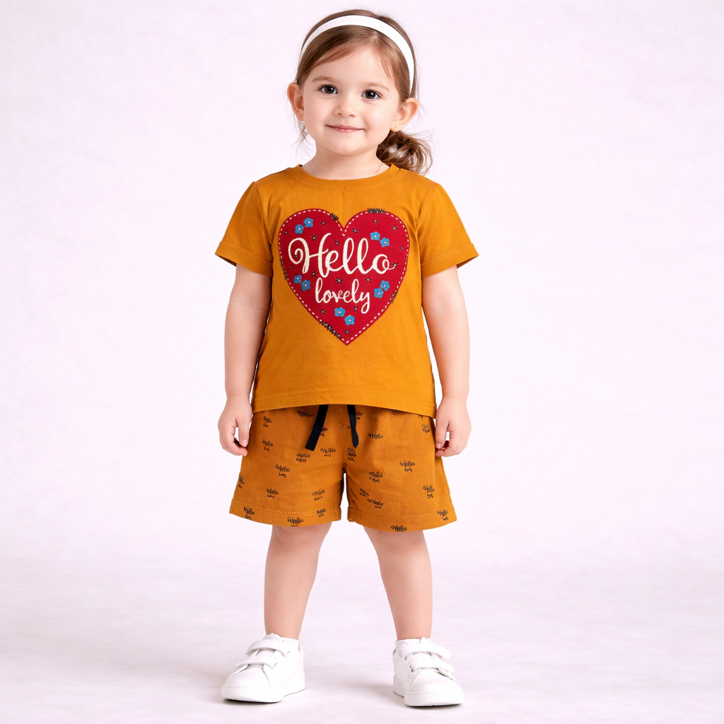 Hello Lovely Heart Print Cotton Shorts Set