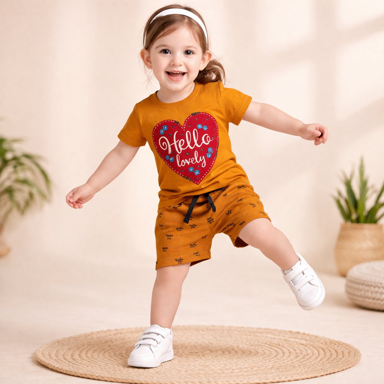 Hello Lovely Heart Print Cotton Shorts Set