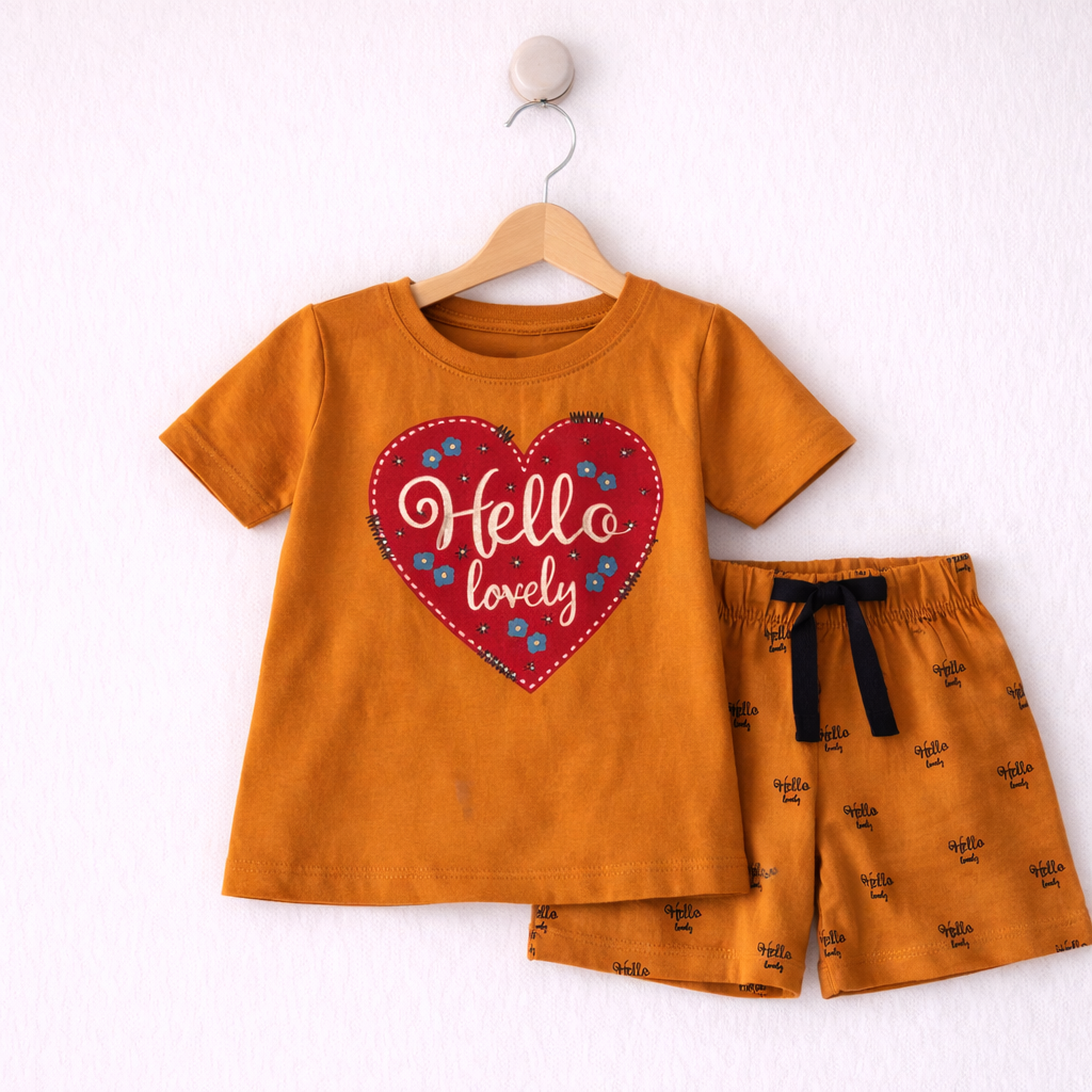 Hello Lovely Heart Print Cotton Shorts Set
