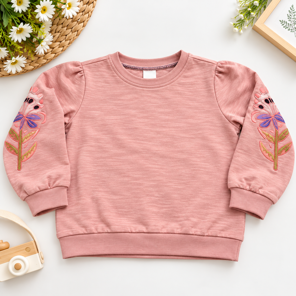 Girls Dusty Pink Floral Embroidered Sweatshirt