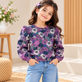 Girls Purple Floral Printed Sweatshirt – Puff Sleeve