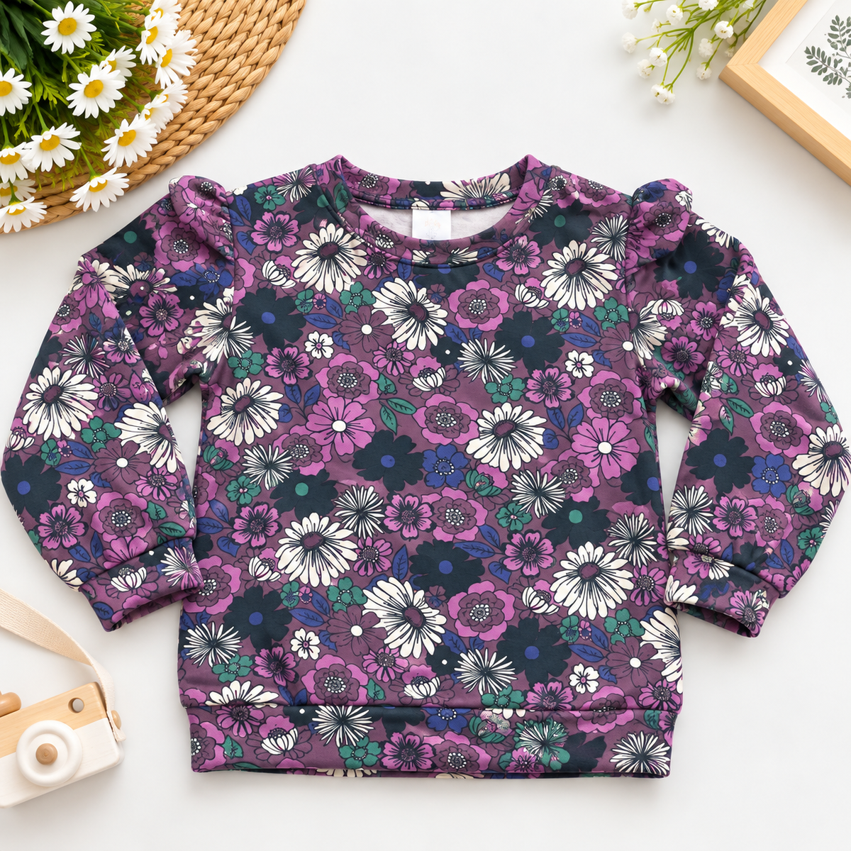 Girls Purple Floral Printed Sweatshirt – Puff Sleeve