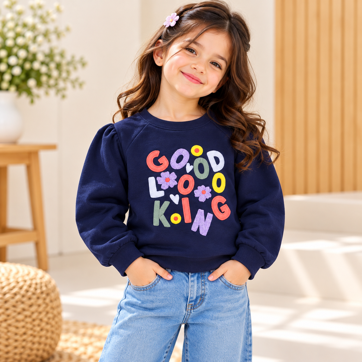Girls Navy Blue Good Looking Embroidered Sweatshirt