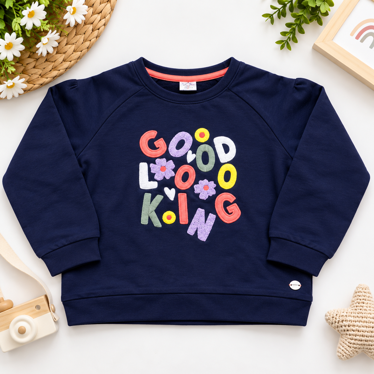 Girls Navy Blue Good Looking Embroidered Sweatshirt