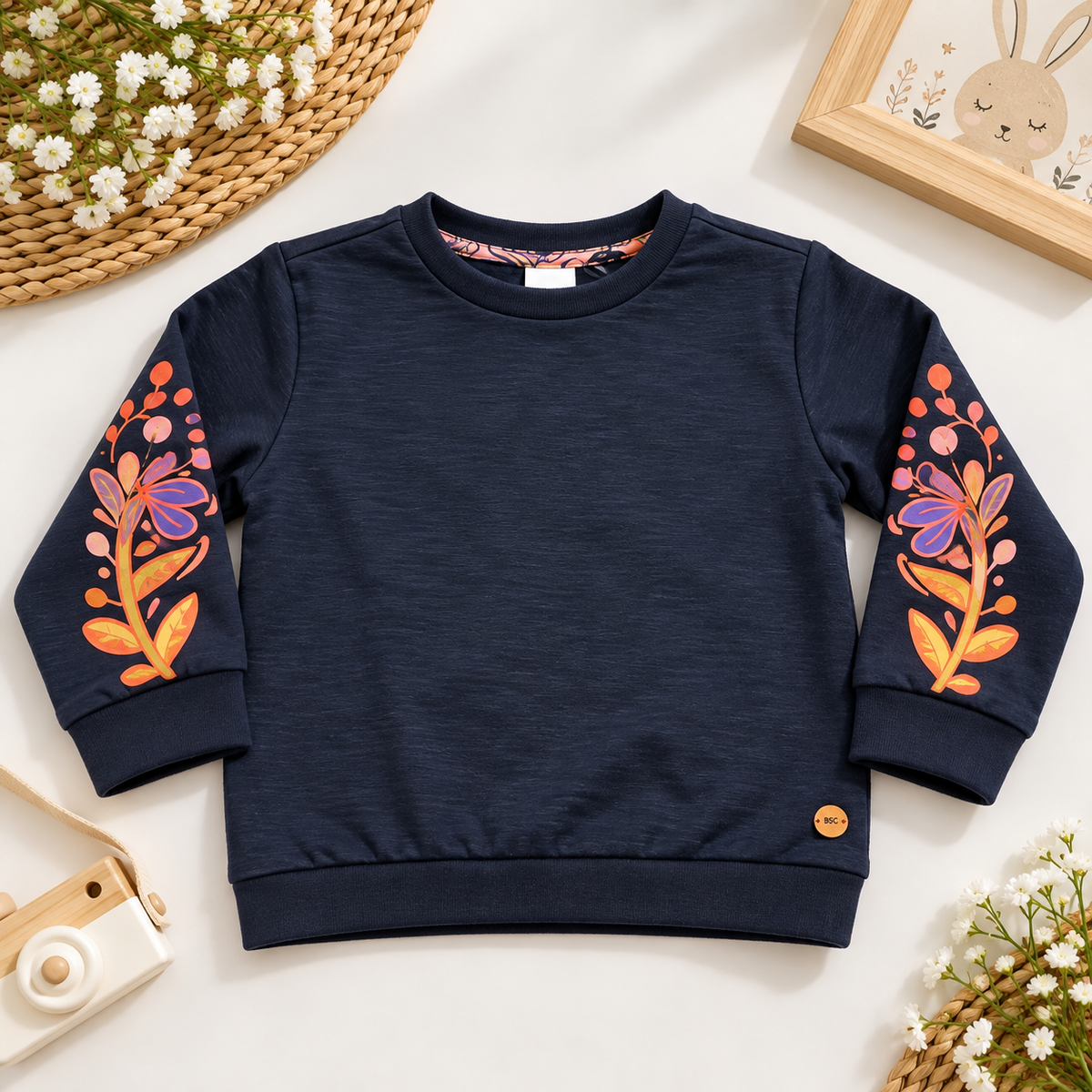 Girls Navy Blue Floral Sleeve Sweatshirt