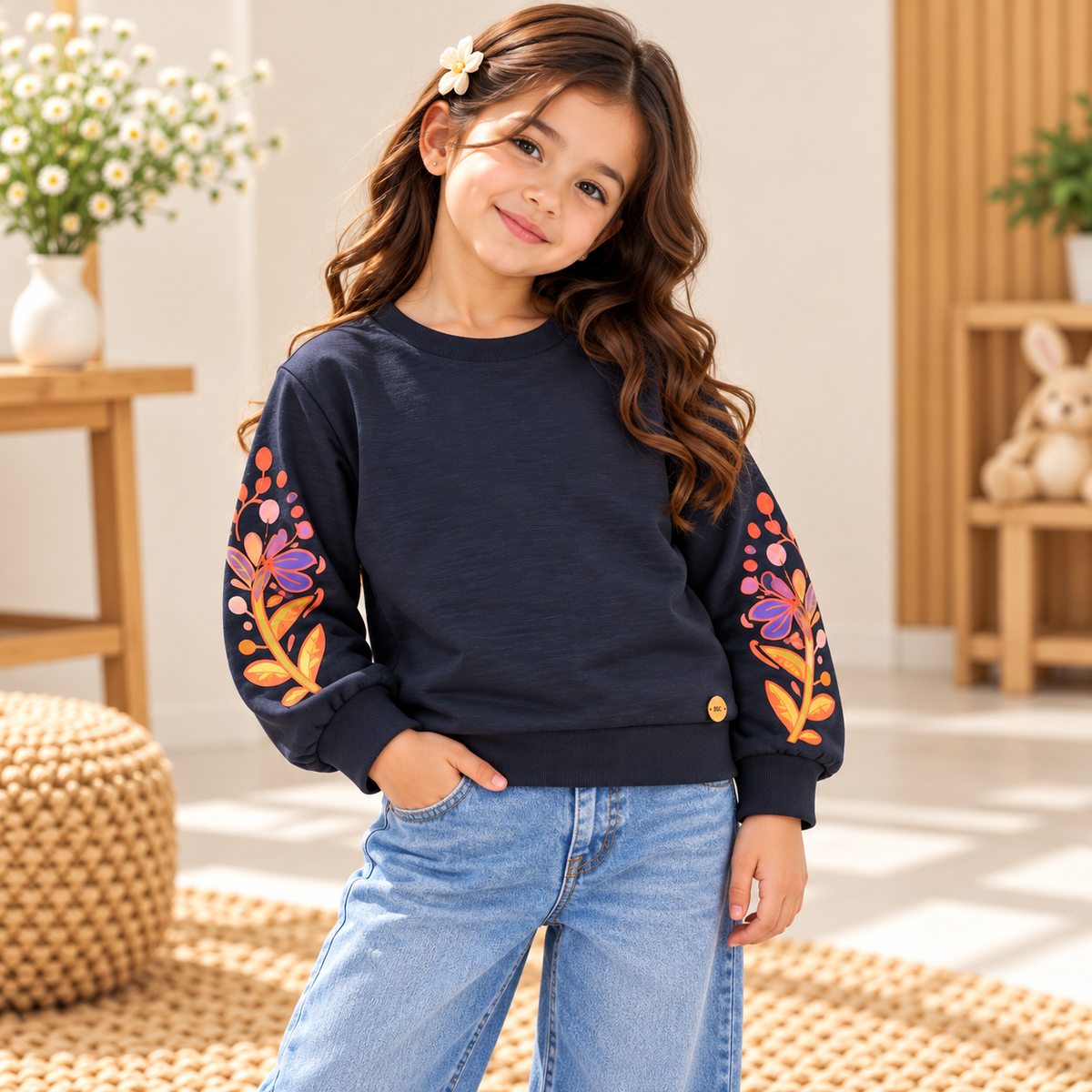 Girls Navy Blue Floral Sleeve Sweatshirt
