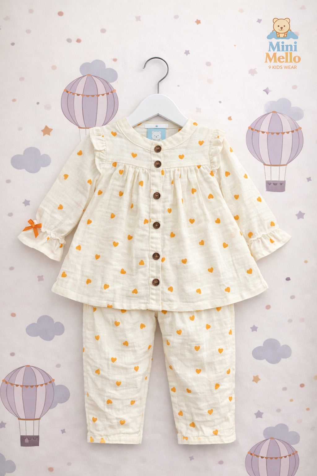 Orange Hearts Muslin Co-ord Set (2-Piece)