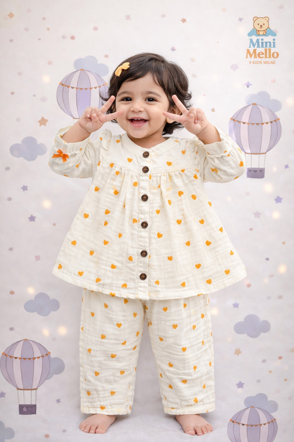 Orange Hearts Muslin Co-ord Set (2-Piece)