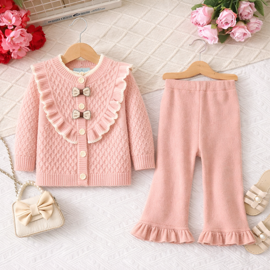 Elegant Blush Knit Co-ord Set with Bow Detail