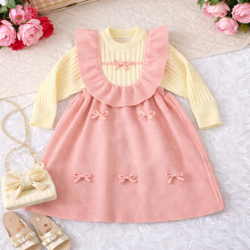 Blush Bow Knit Dress with Ruffle Collar