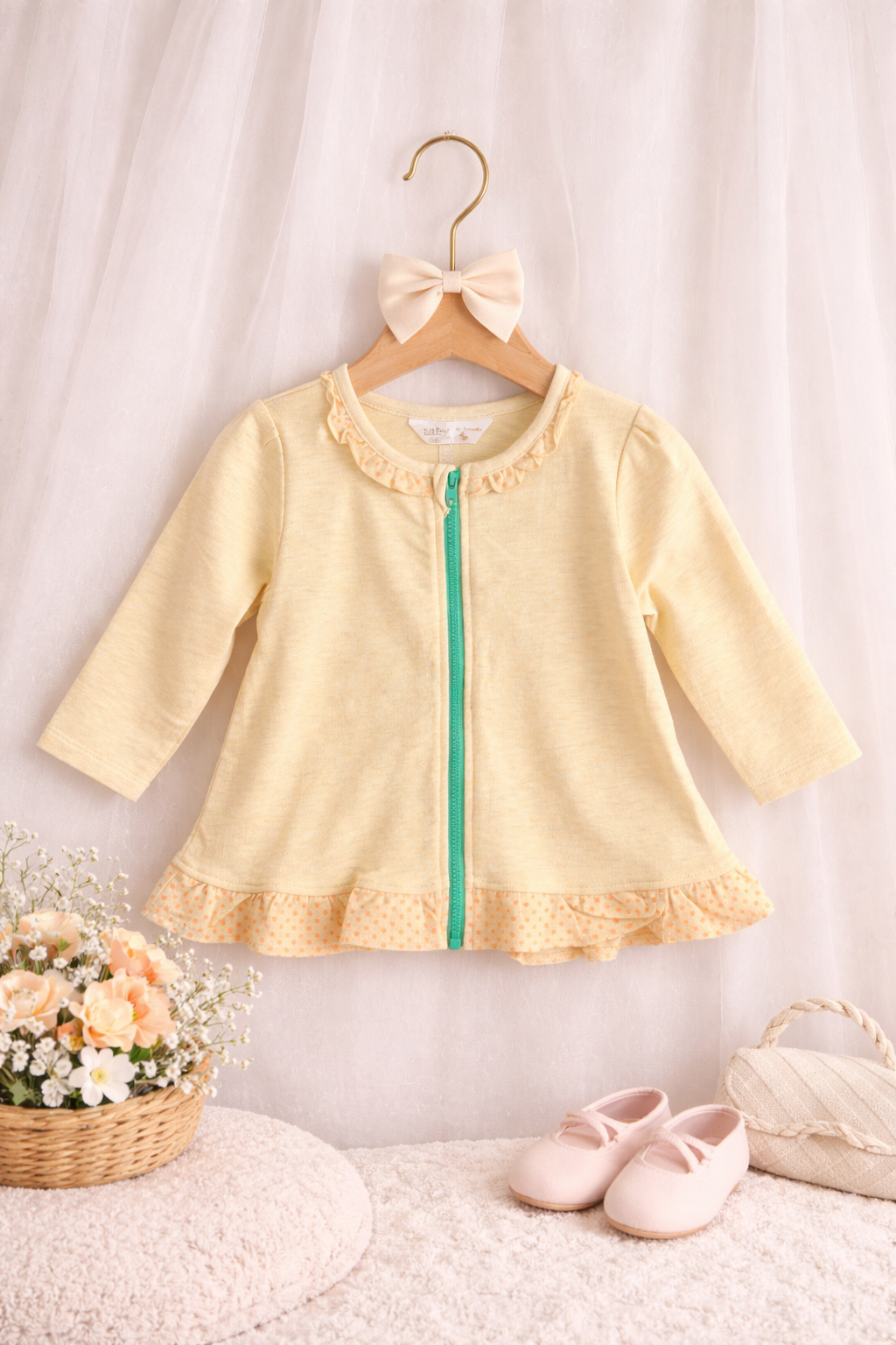 Pastel Yellow Frock with Front Zip & Ruffle Detail