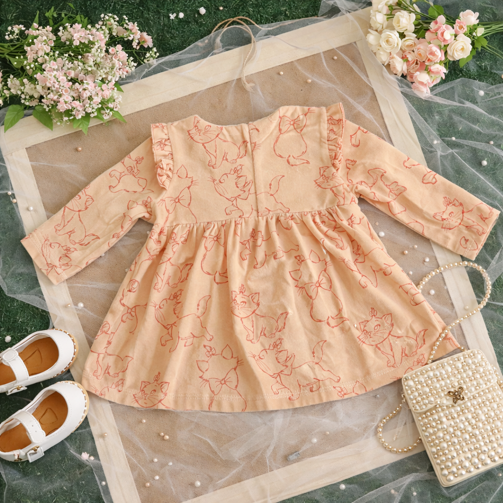 Mini Mello Peach Kitty Print Ruffle Dress