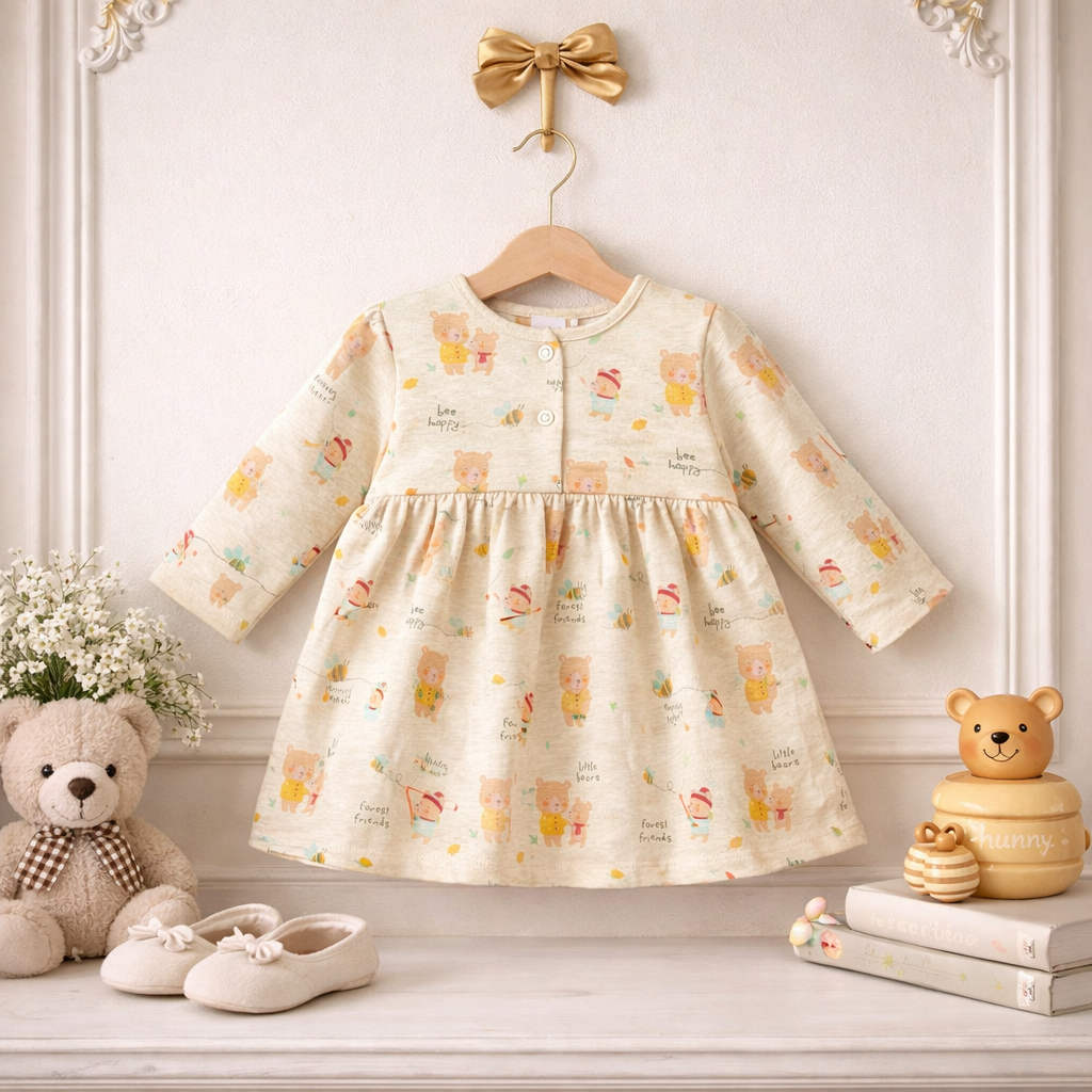 Cream Bear Print Baby Frock with Attached Romper