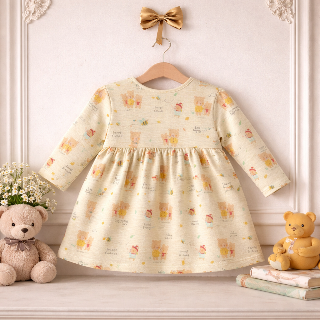 Cream Bear Print Baby Frock with Attached Romper