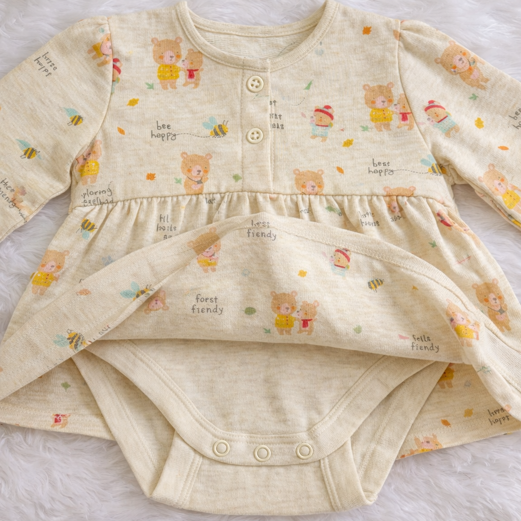 Cream Bear Print Baby Frock with Attached Romper