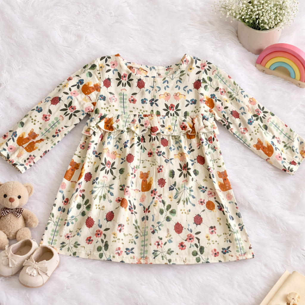 Printed Baby Girl Dress with Ruffle Detailing
