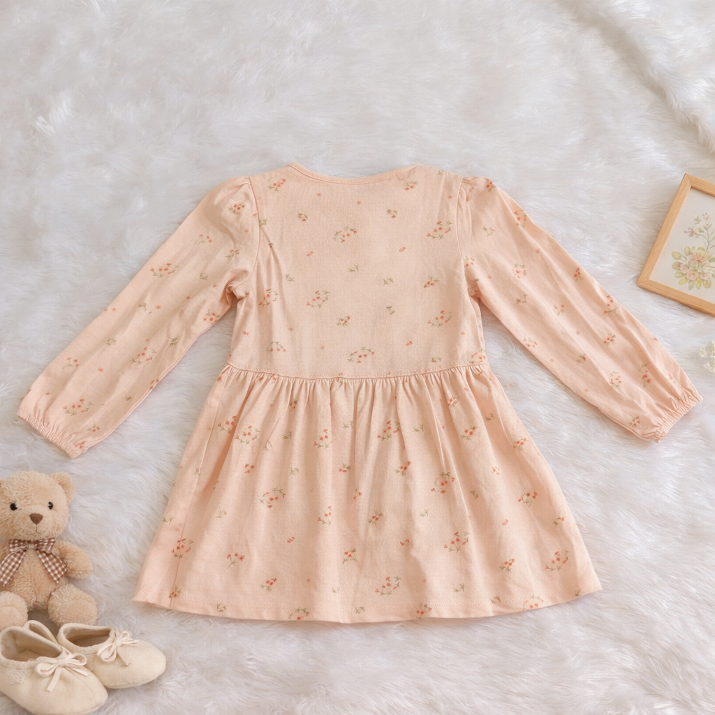 Peach Floral Baby Dress with Front Button Detail