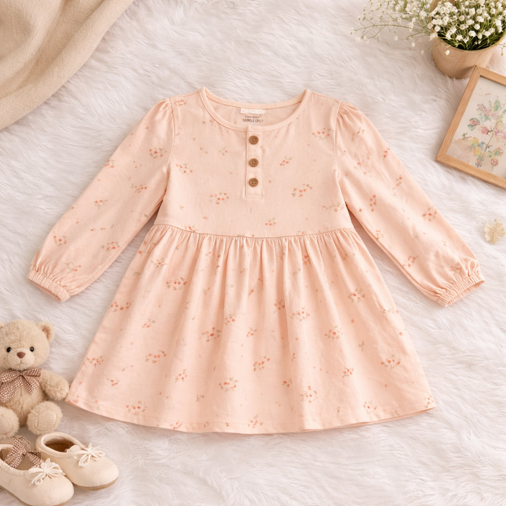 Peach Floral Baby Dress with Front Button Detail