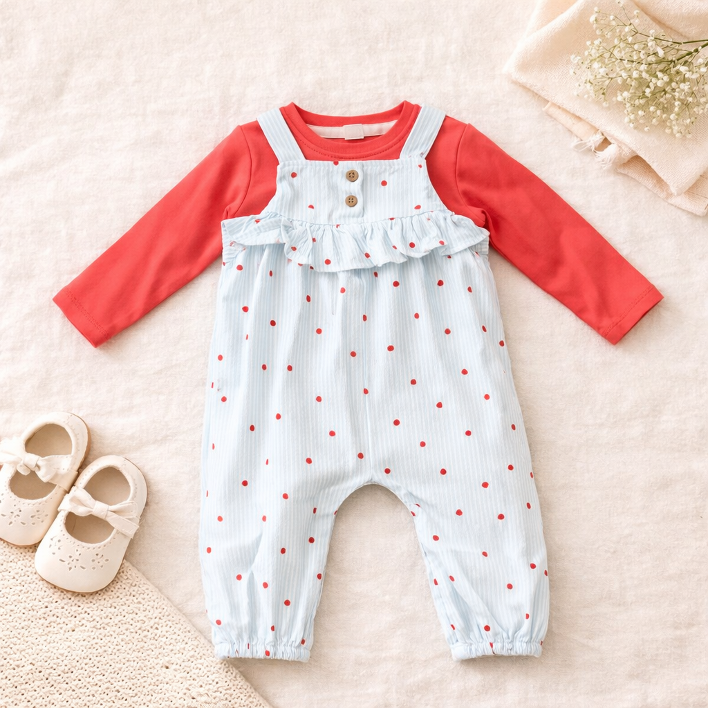 Strawberry Print Dungaree with Snap Closure