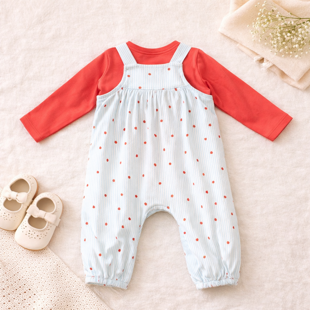 Strawberry Print Dungaree with Snap Closure