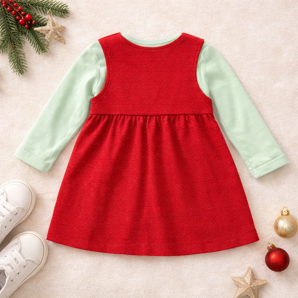Festive Red Pinafore Dress Set with Mint Inner