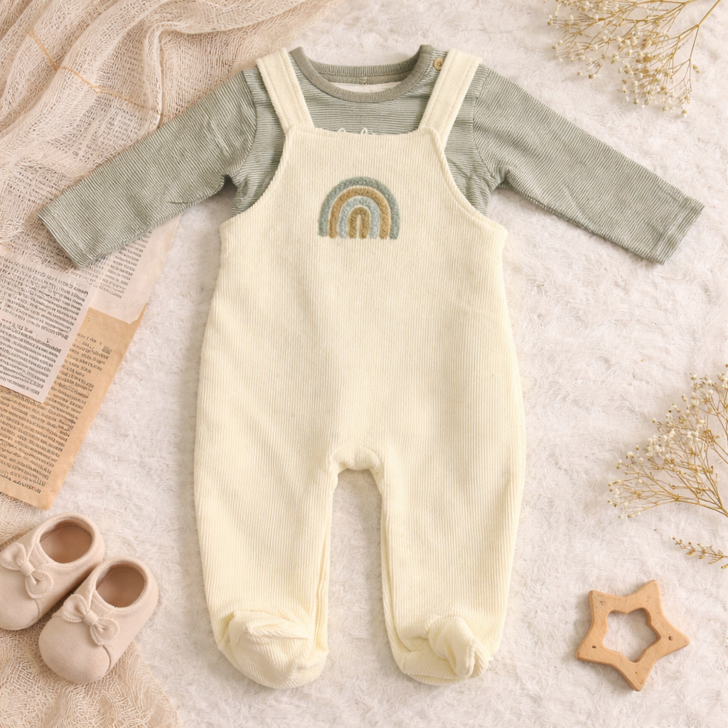 Soft Rainbow Dungaree Set with Striped Tee