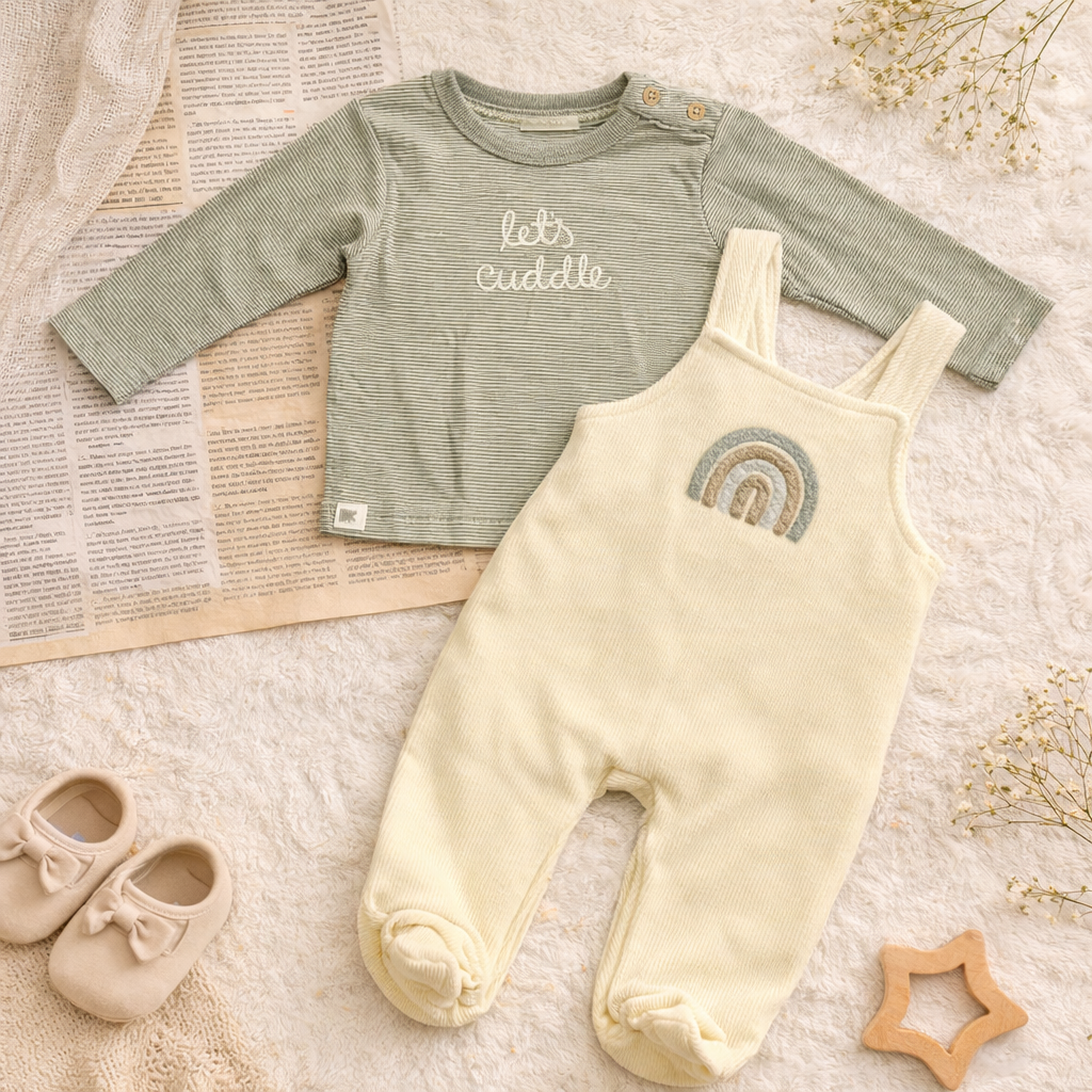 Soft Rainbow Dungaree Set with Striped Tee