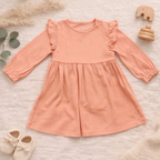 Peach Ribbed Frill Dress for Girls