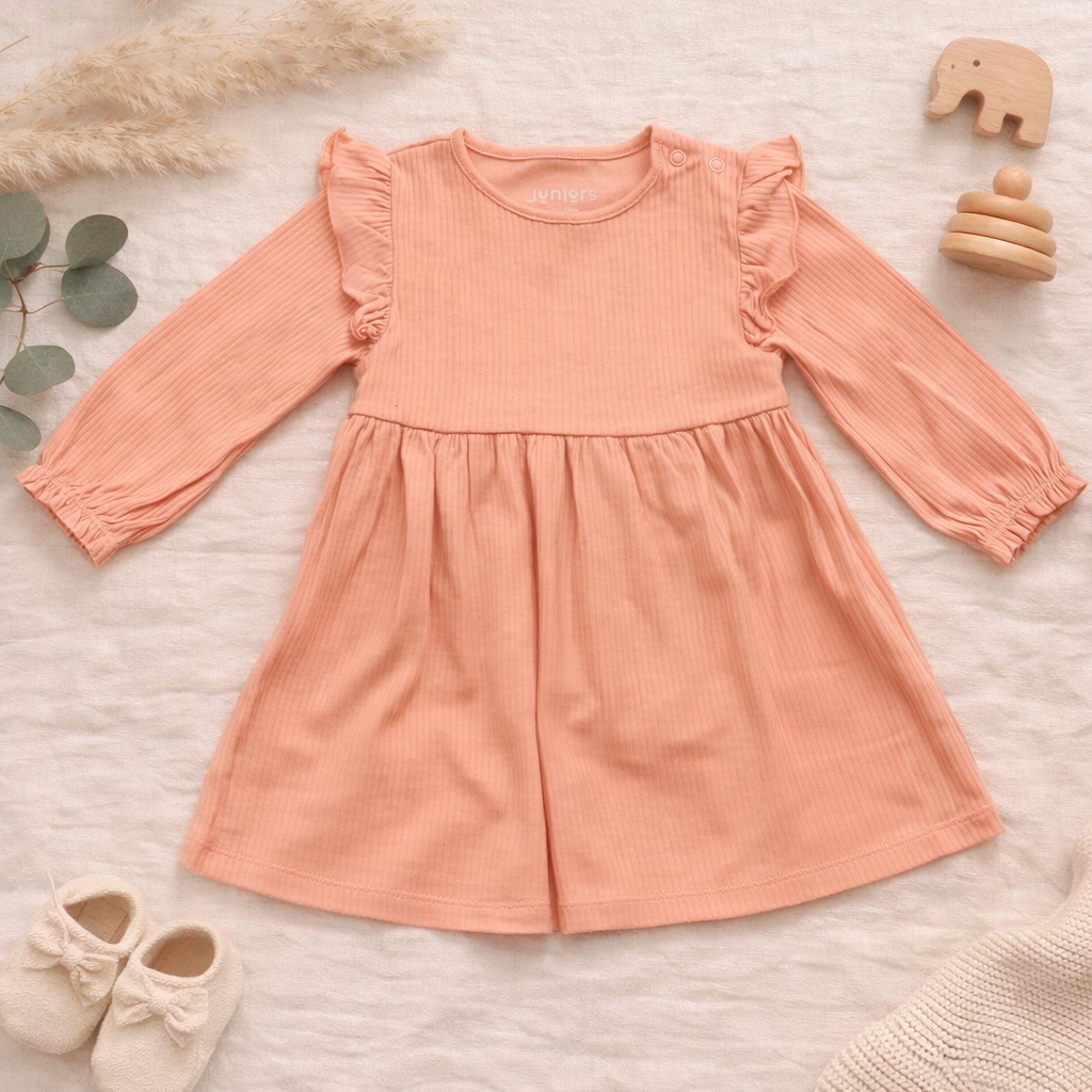 Peach Ribbed Frill Dress for Girls