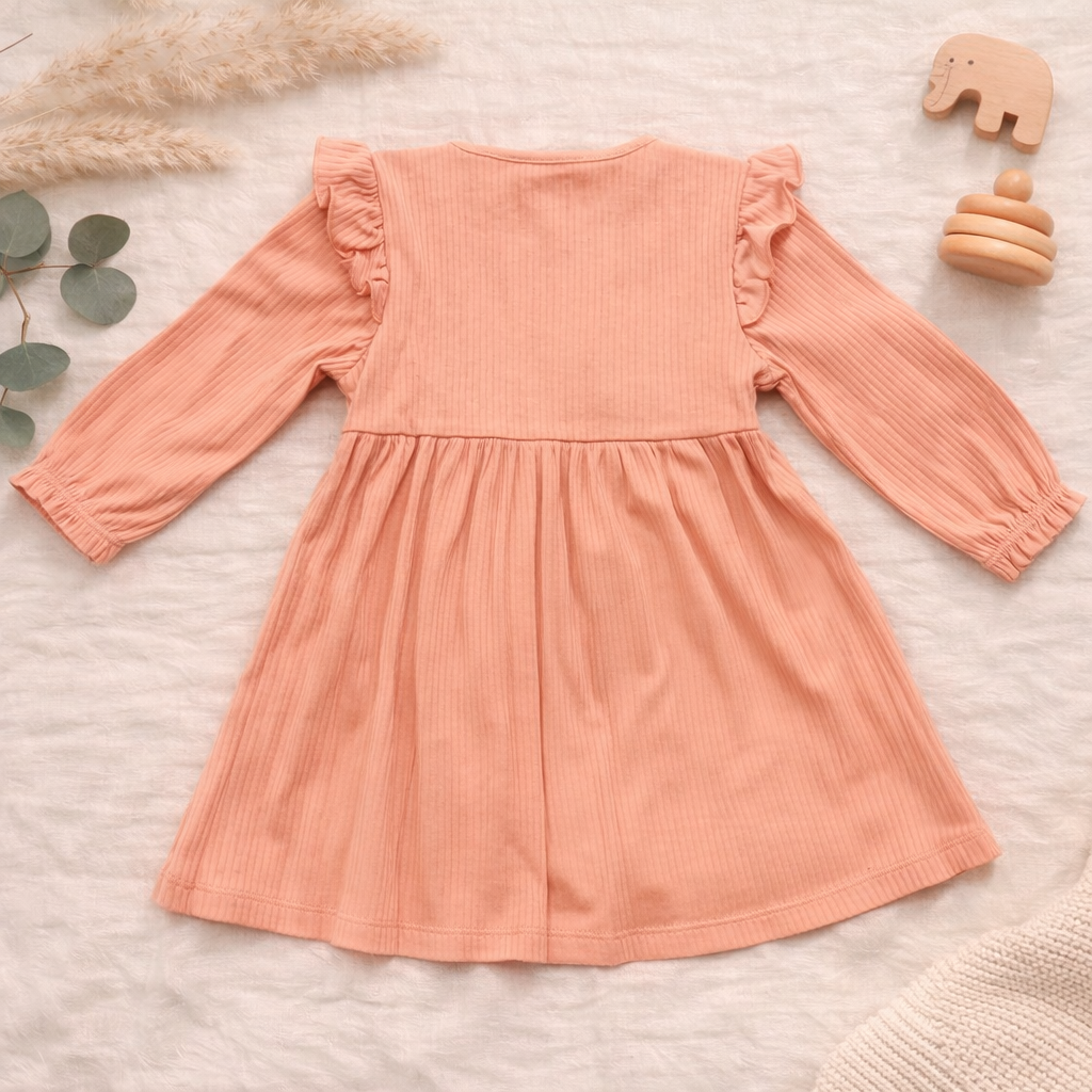 Peach Ribbed Frill Dress for Girls