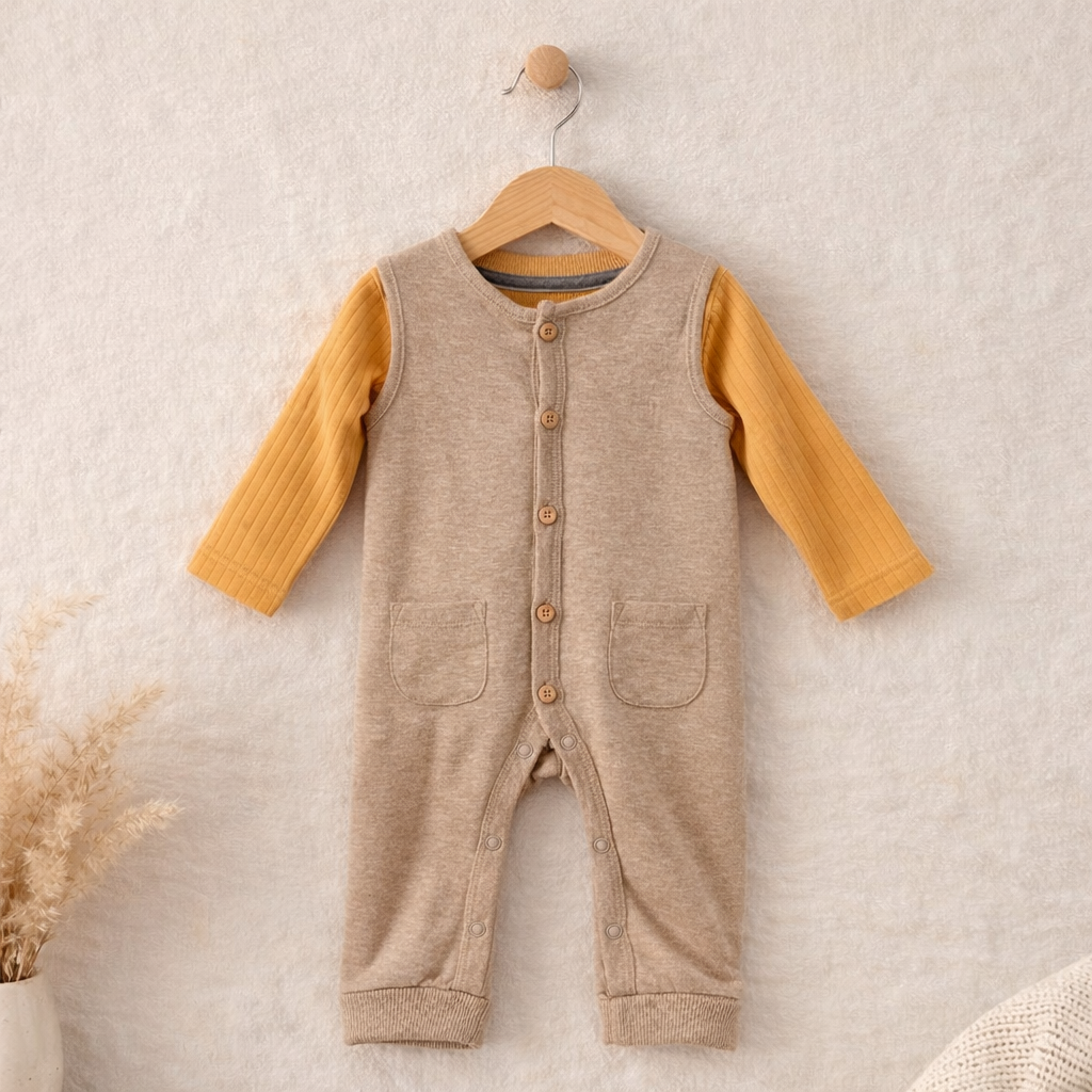 Cozy Beige & Mustard Layered Baby Romper Set